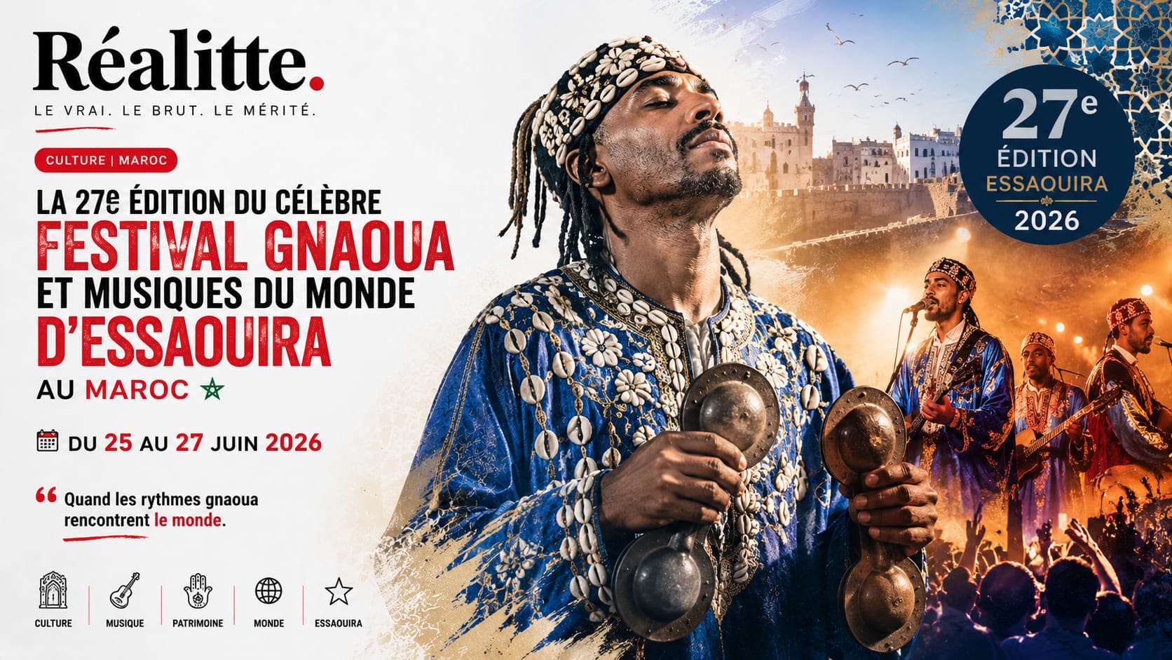 Placée sous le thème « Jeunesses du monde : Liberté, identité, avenir », cette édition rassemble plus de 400 artistes internationaux et Maâlems traditionnels à travers les différentes scènes de la ville c est une experiance a faire bravo essaouira on adore essaouira